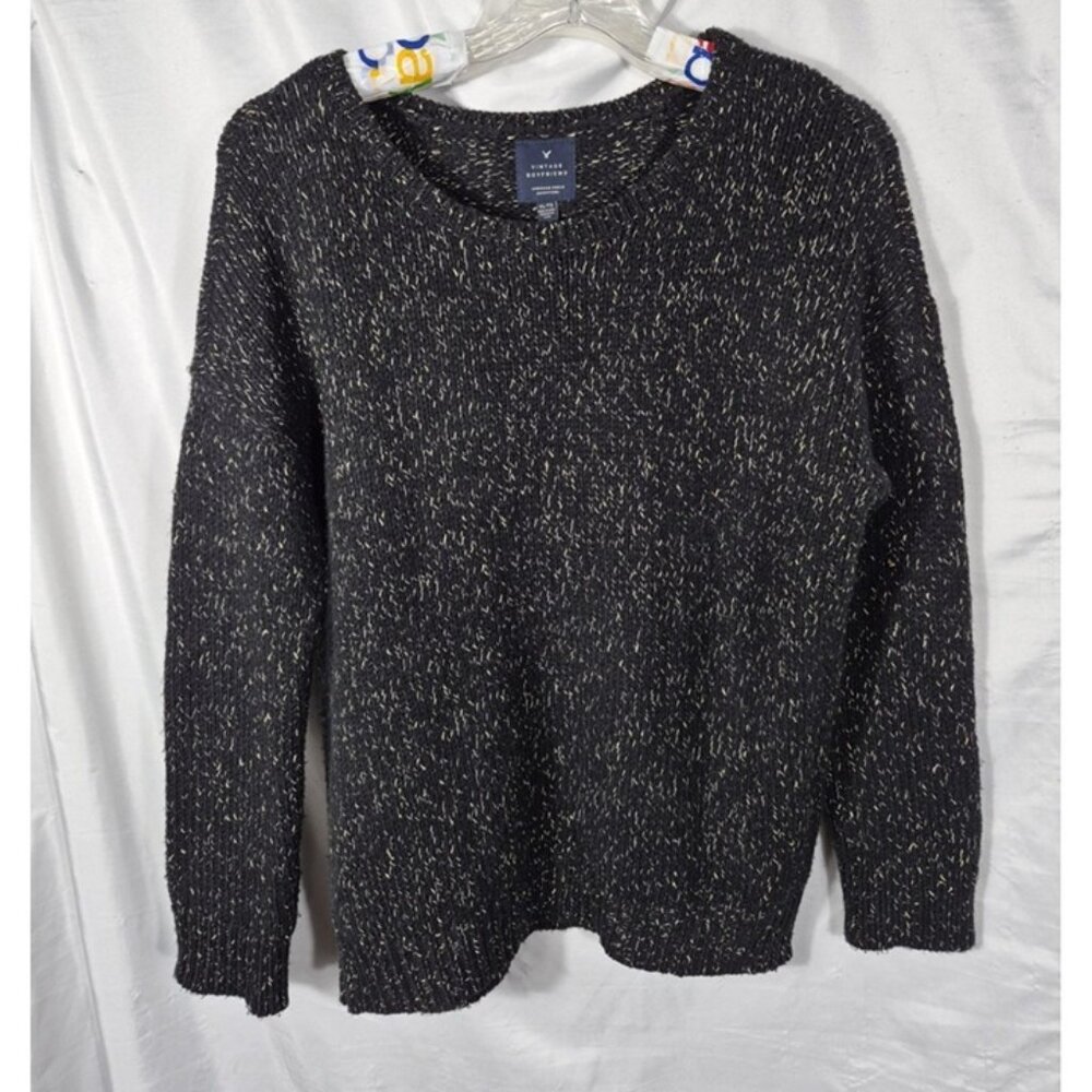 American Eagle Women's Black with Gold Thread Boyfriend Crewneck Sweater Size XL - Picture 2 of 8